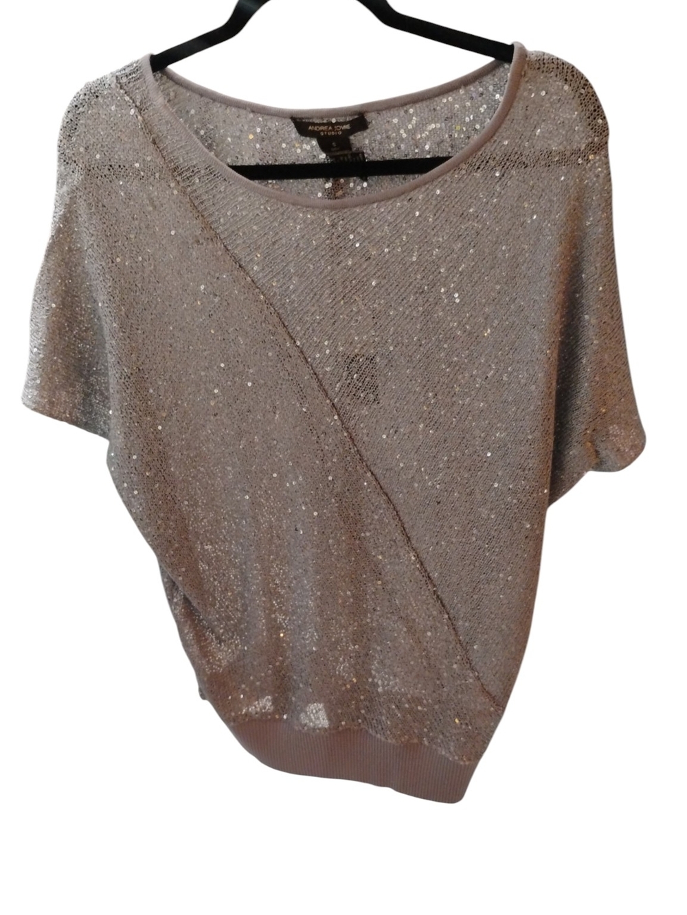 Andrea Jovine Metallic Silver Short-Sleeve Scoop Neck Sweater SZ S NWT